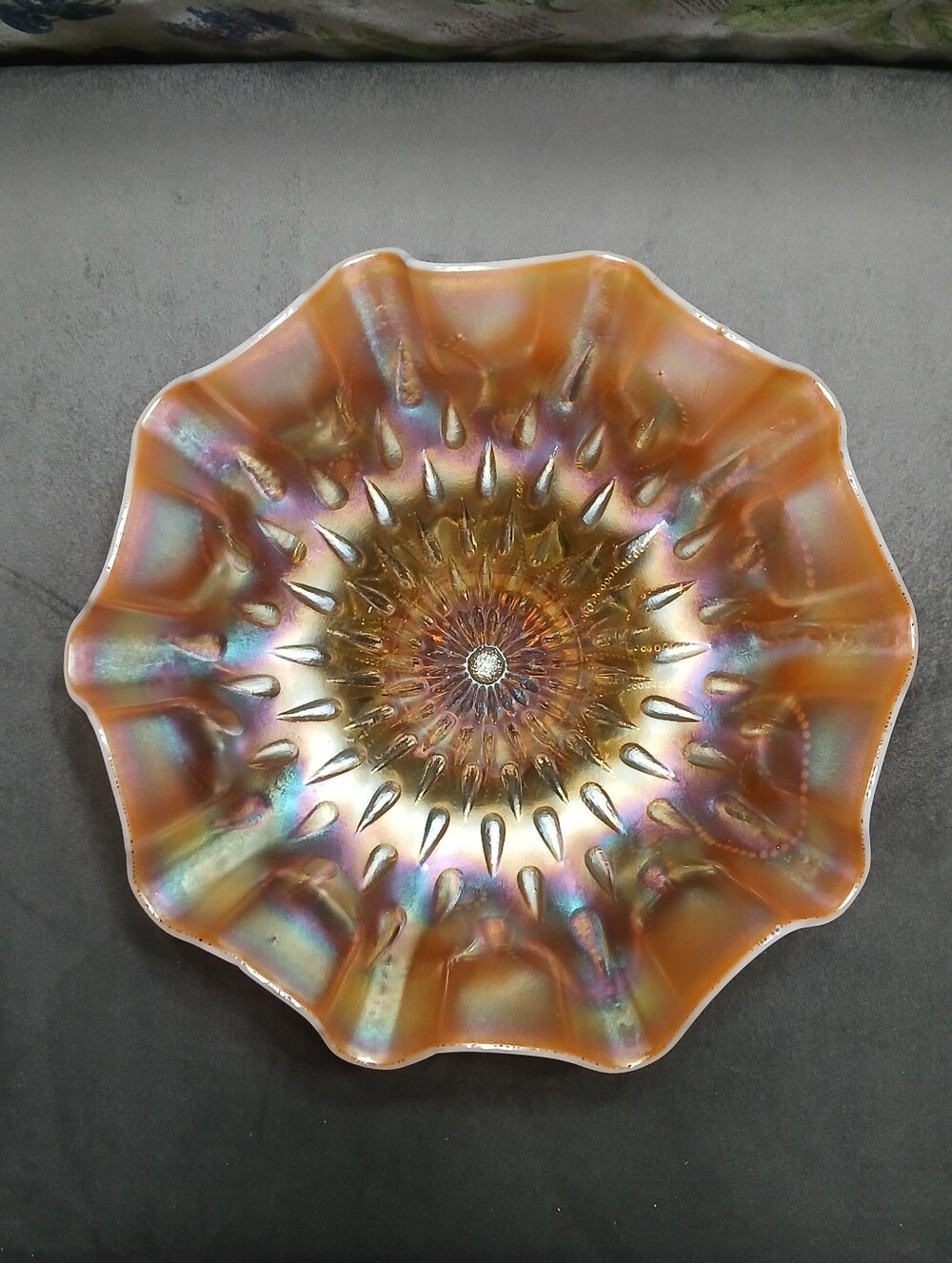 Antique Dugan Peach Opalescent Raindrops Marigold Carnival Glass Footed Bowl